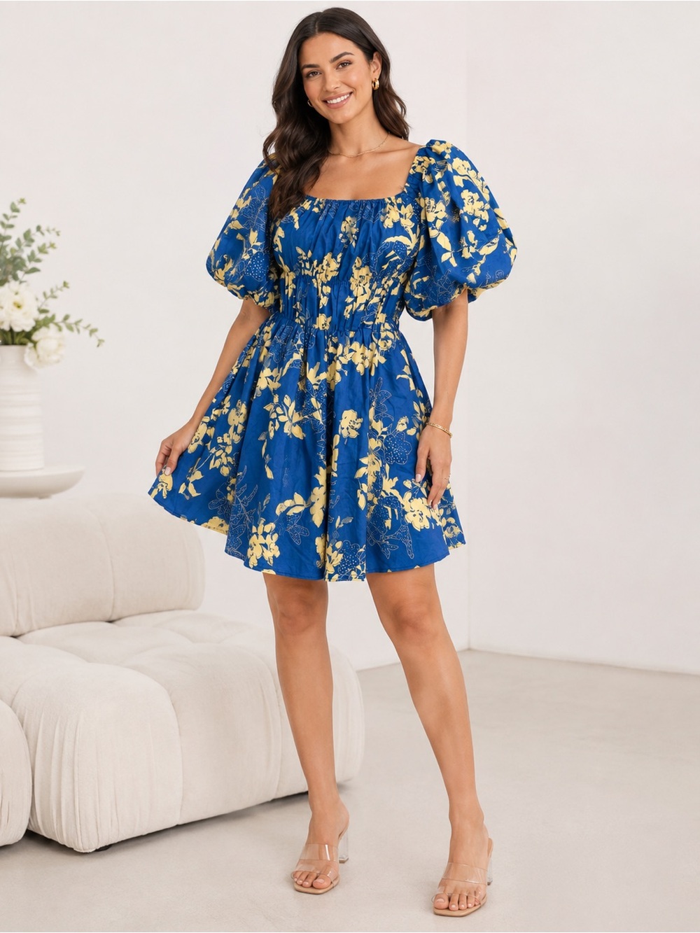 HAUSEN Blue & Cream Floral Puff Sleeve Mini Dress – Size Small